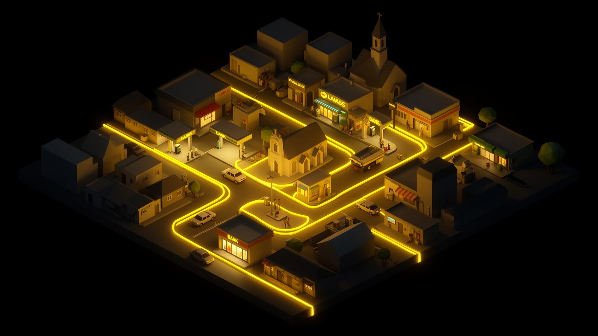Isometric Lagos city block with glowing neon routes